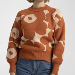 BiBi Orange Cream Floral Chunky Knit Sweater Lagenlook Cottagecore Warm Cozy Top